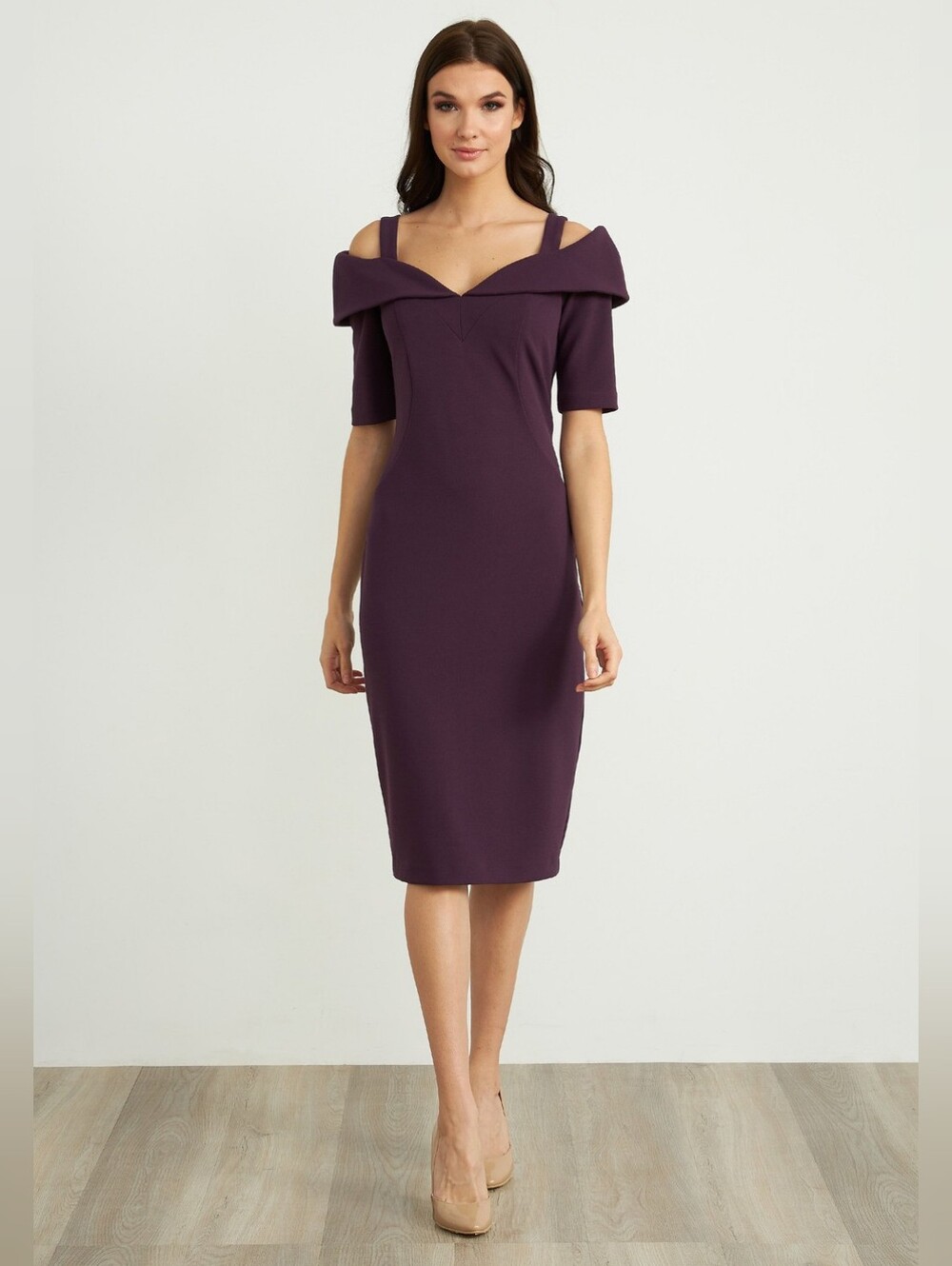 Joseph Ribkoff Bardot Dress Size 8 Purple Cold Shoulder Midi